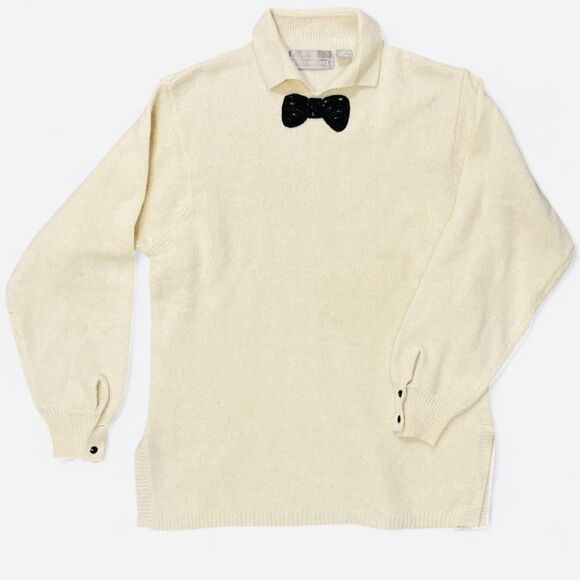 Vintage Evan Picone Angora Lambs Wool Sweater Women’s Medium Beaded Bow Cream - Picture 1 of 10